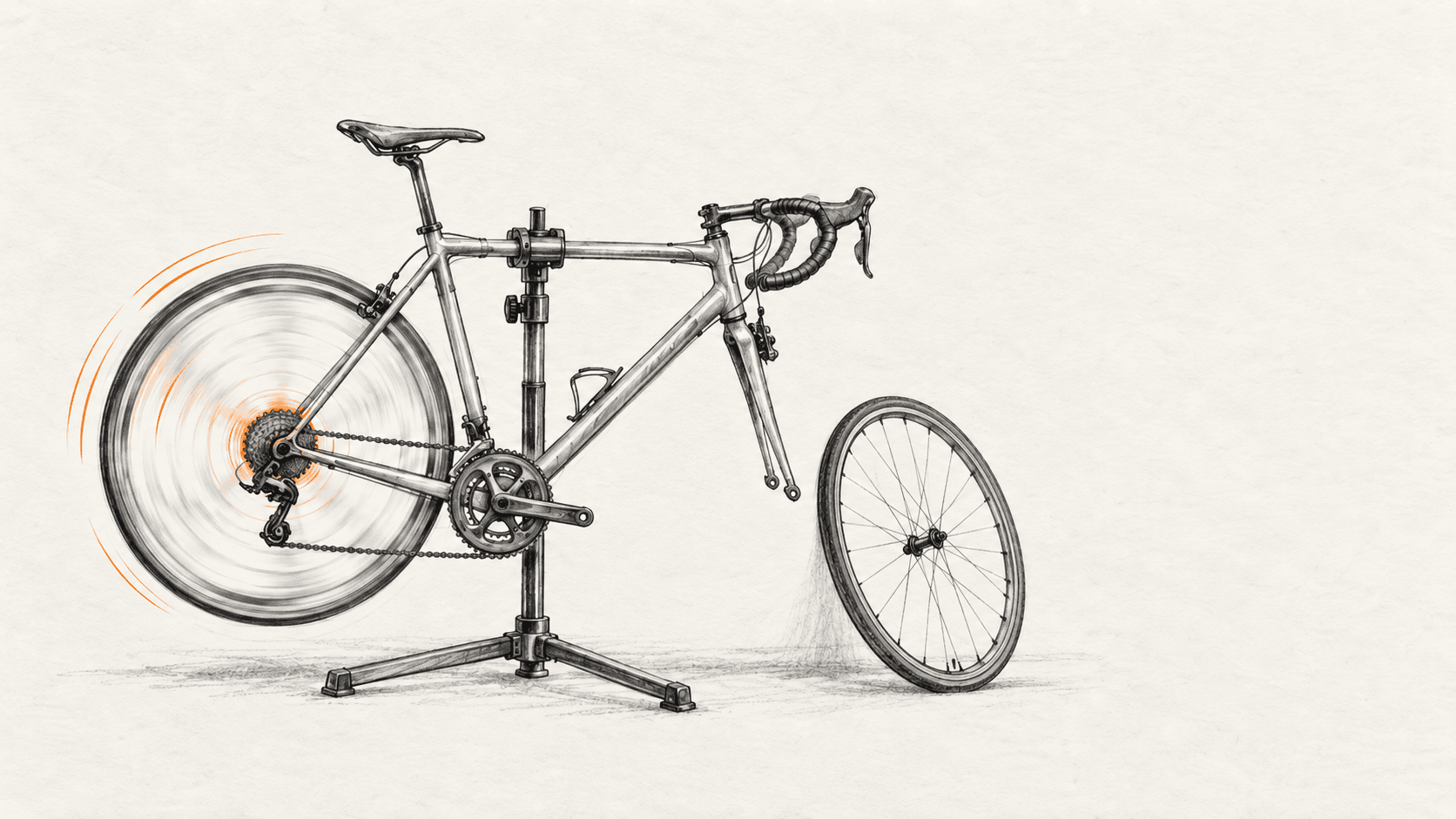 A hand-drawn bicycle on a repair stand with its rear wheel spinning in orange motion lines while the detached front wheel rests beside the empty fork.