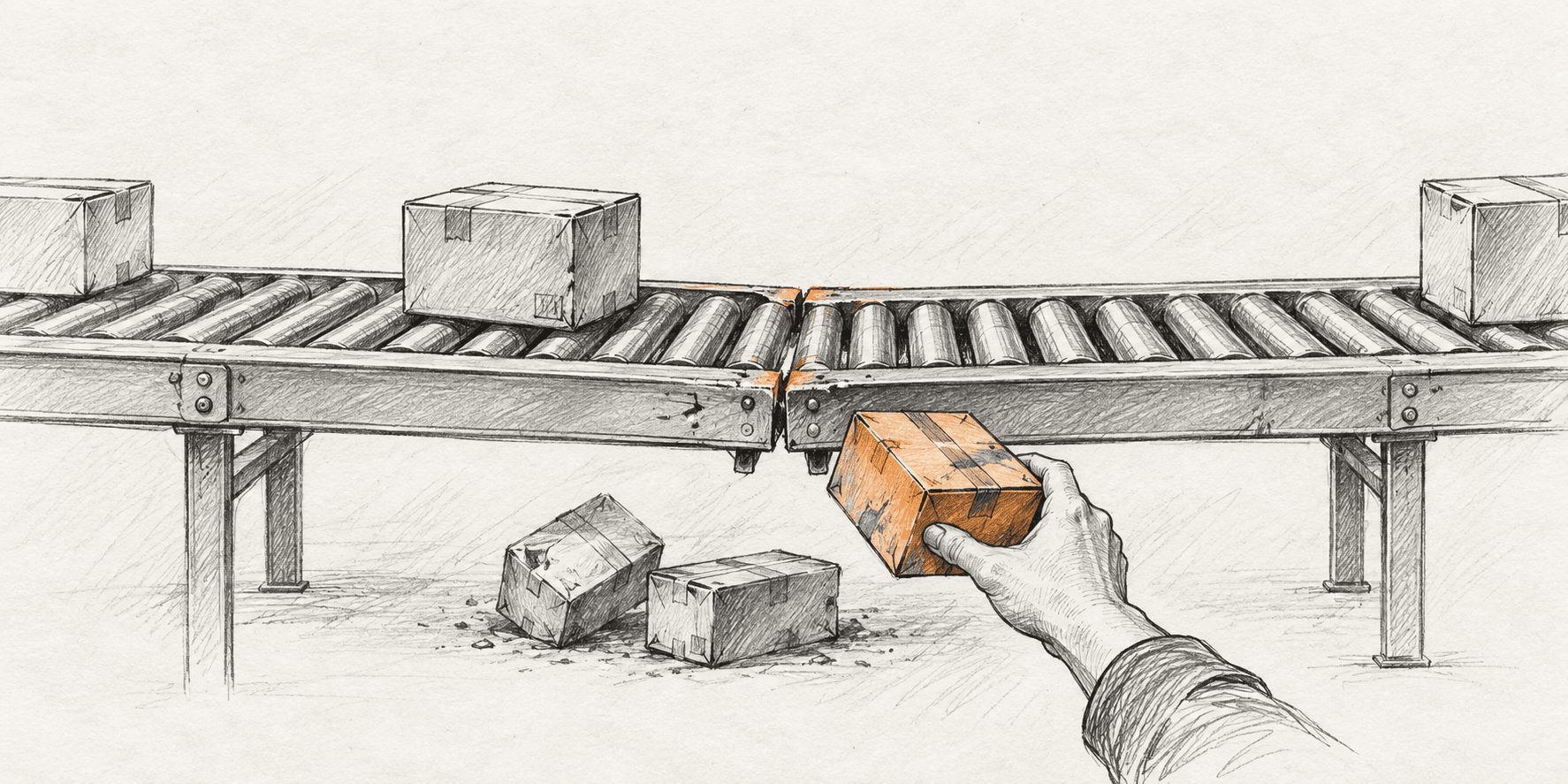 A hand-drawn roller conveyor with a slightly misaligned transfer seam, two fallen packages below it, and a hand returning a battered orange package while another package approaches the same seam.