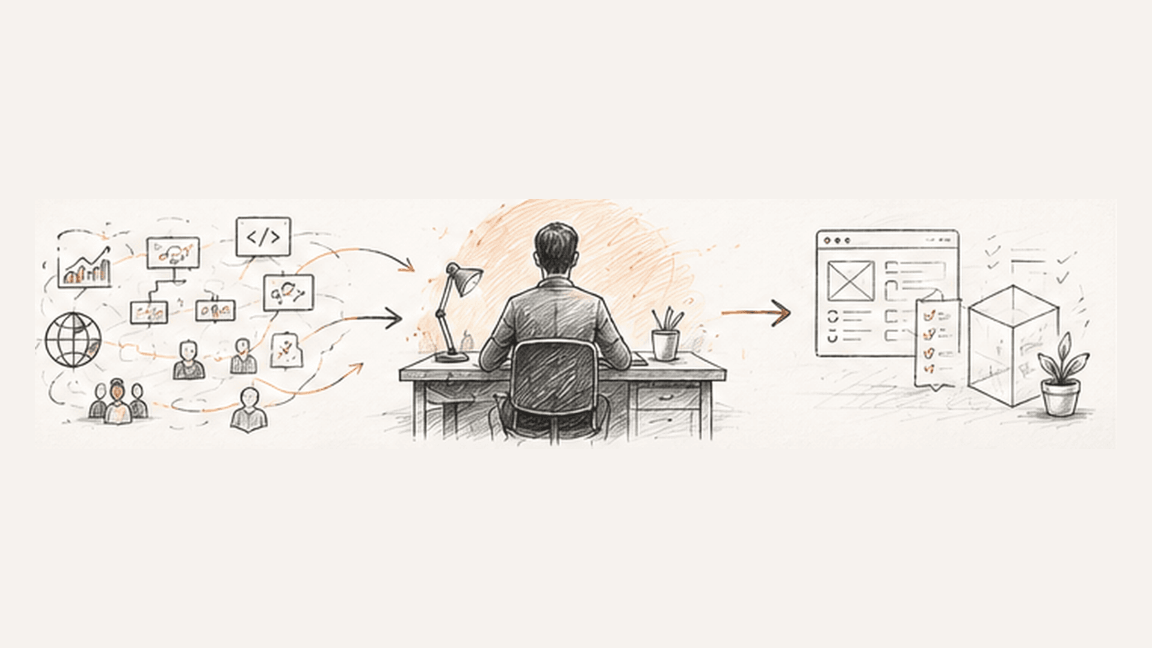 A hand-drawn person at work bringing product, architecture and delivery experience into a structured product outcome.