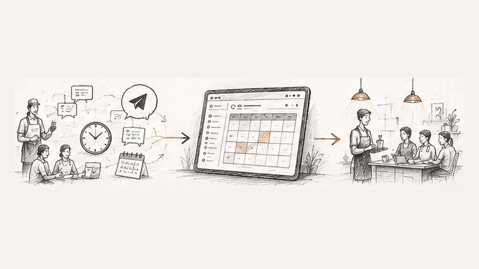 A hand-drawn HoursKZ workflow connecting staff, Telegram and schedules with a practical time-management system.