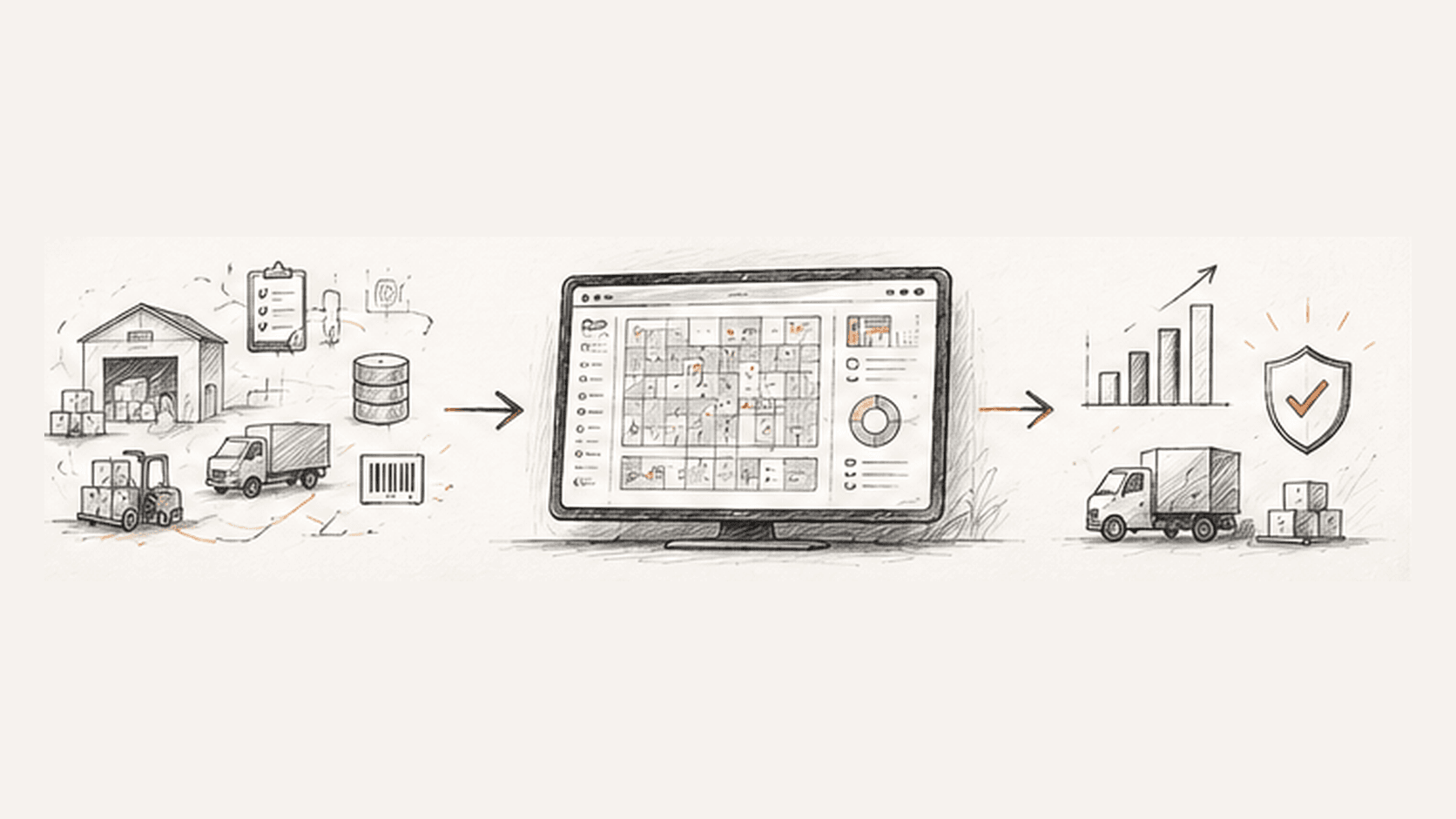 A hand-drawn VOP workflow connecting warehouse and inventory operations with a control surface and clear outcomes.