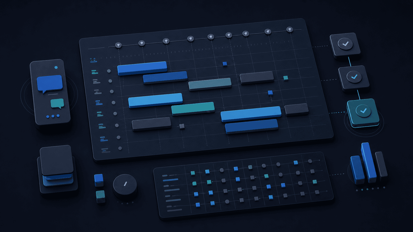 Conceptual arrangement of shift blocks, time tracking, messaging, and approval checkpoints.