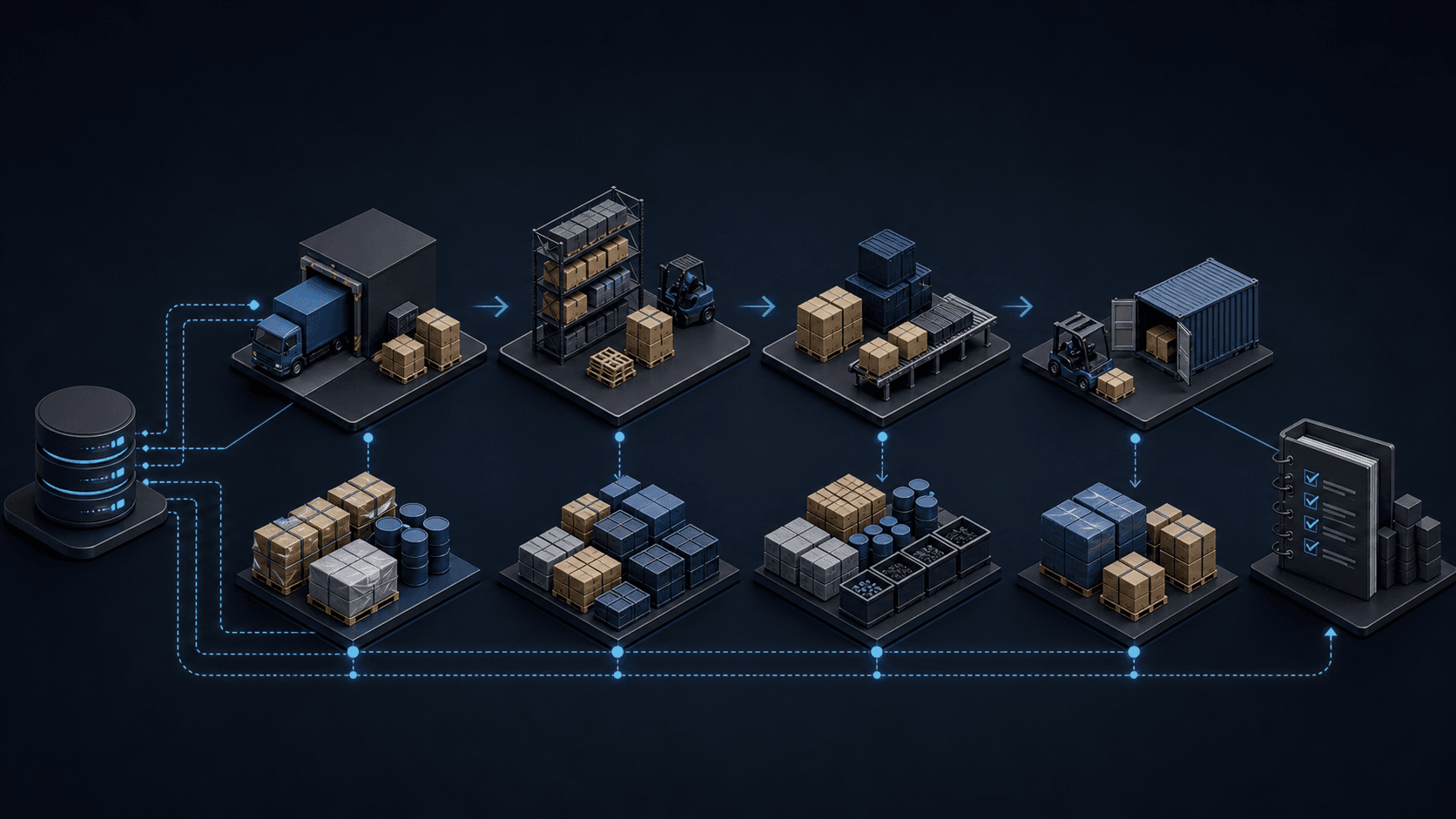Conceptual inventory movement network across warehouse operations, control points, and reconciliation.