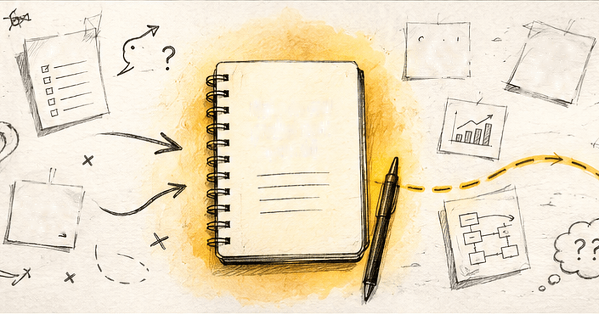 A hand-drawn notebook surrounded by scattered notes, questions and arrows that begin to form a visible path.