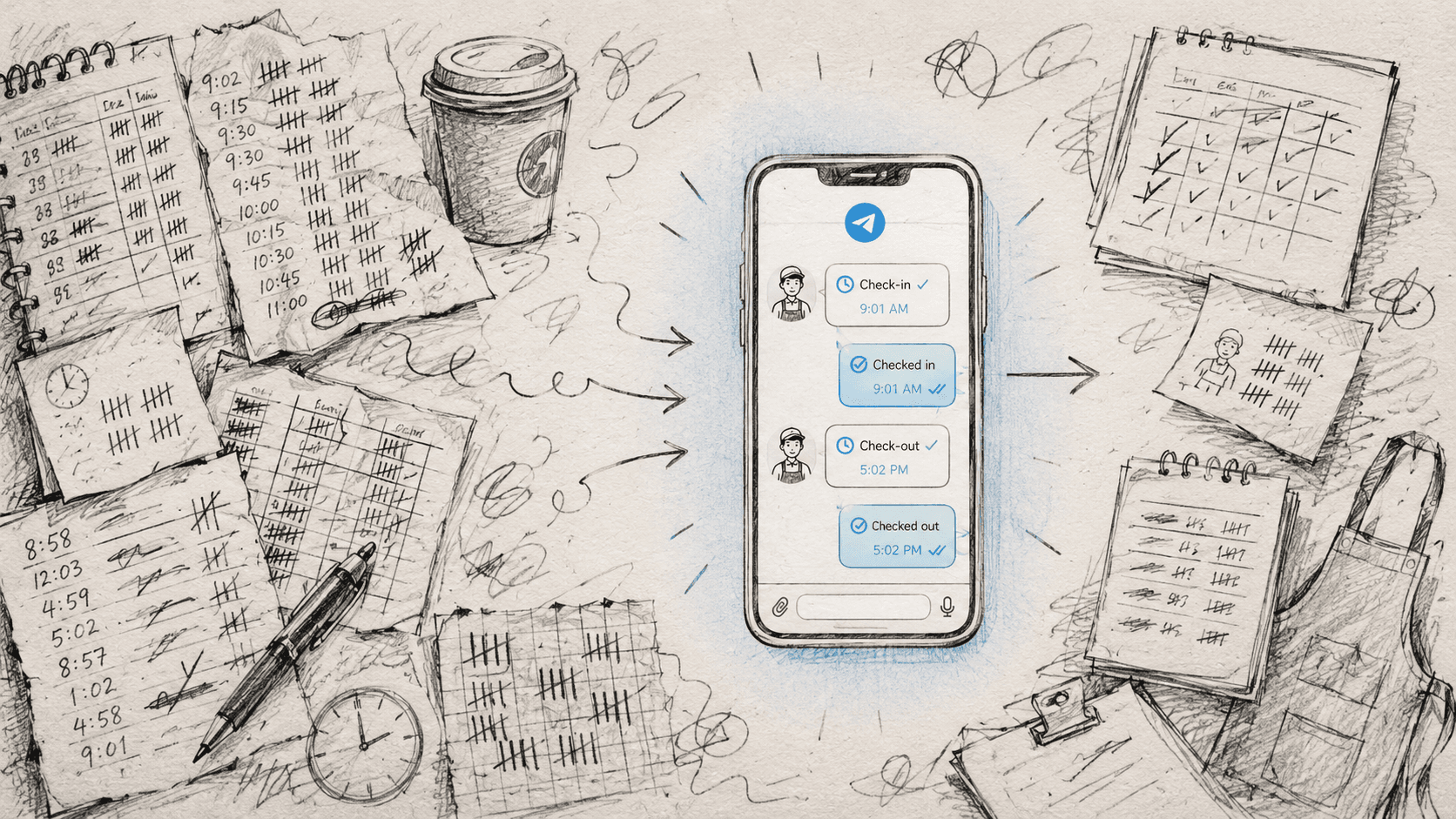 A hand-drawn journal-style sketch showing messy handwritten employee time records simplifying into a Telegram-based time-tracking interaction.