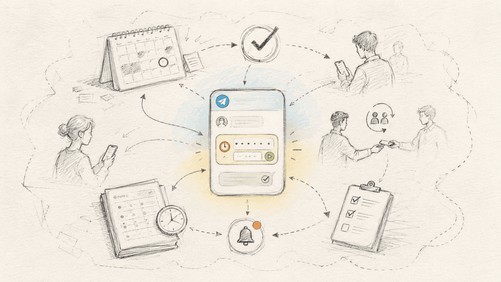 A wide hand-drawn workflow showing a Telegram-style time-tracking interface connected to schedules, people, records, notifications, and checklists.
