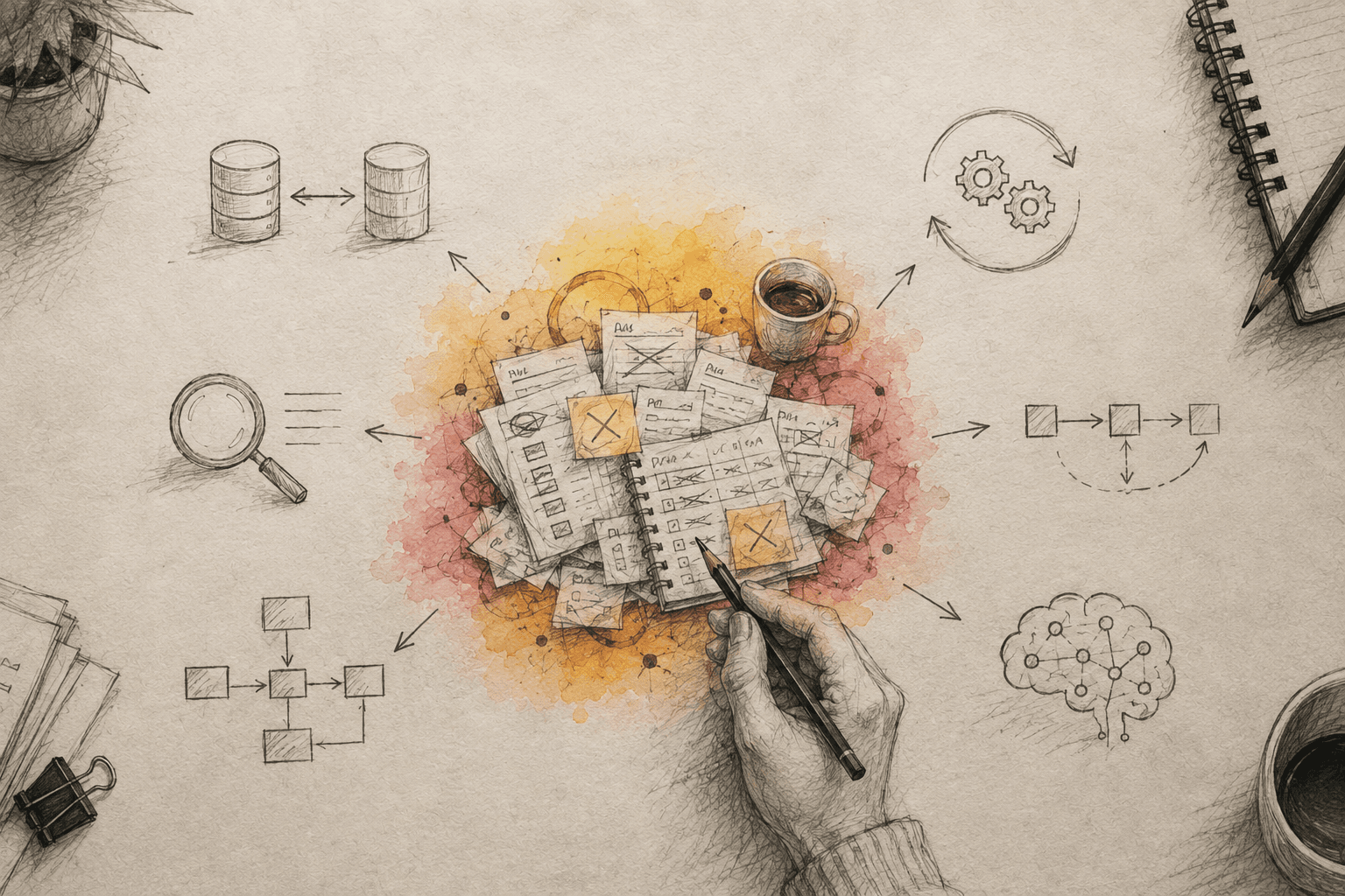 A hand examining a messy operational problem surrounded by faint possible responses for integration, automation, search, and AI.