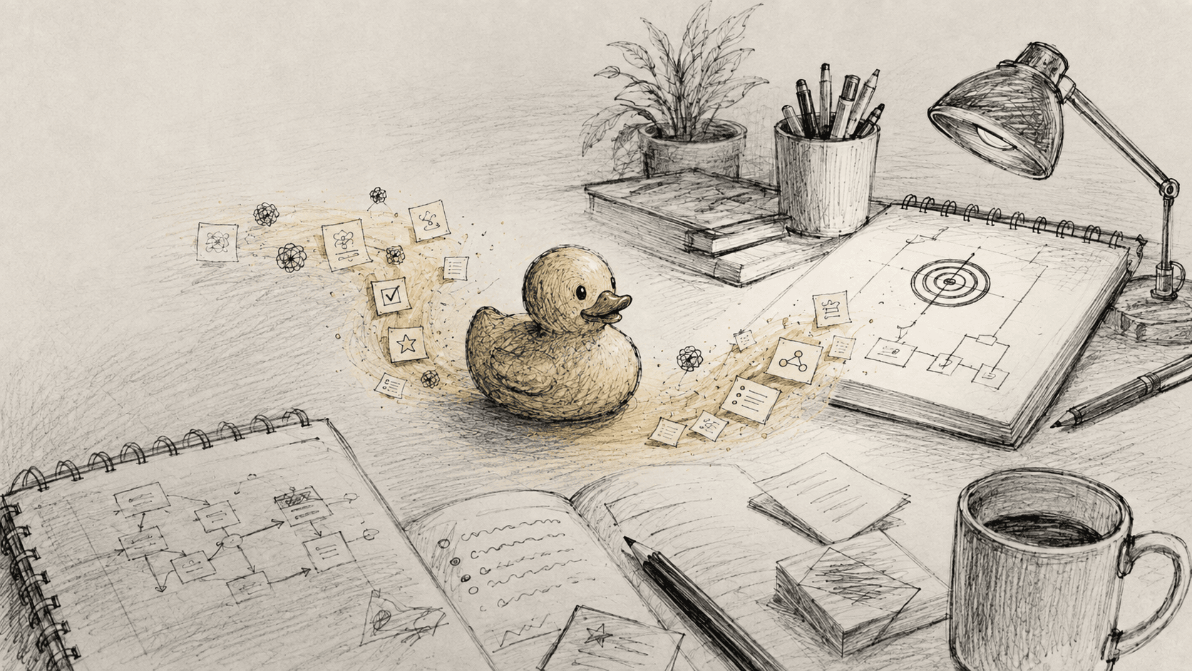 A hand-drawn rubber duck surrounded by a fading trail of notes and working context on a mostly monochrome desk.