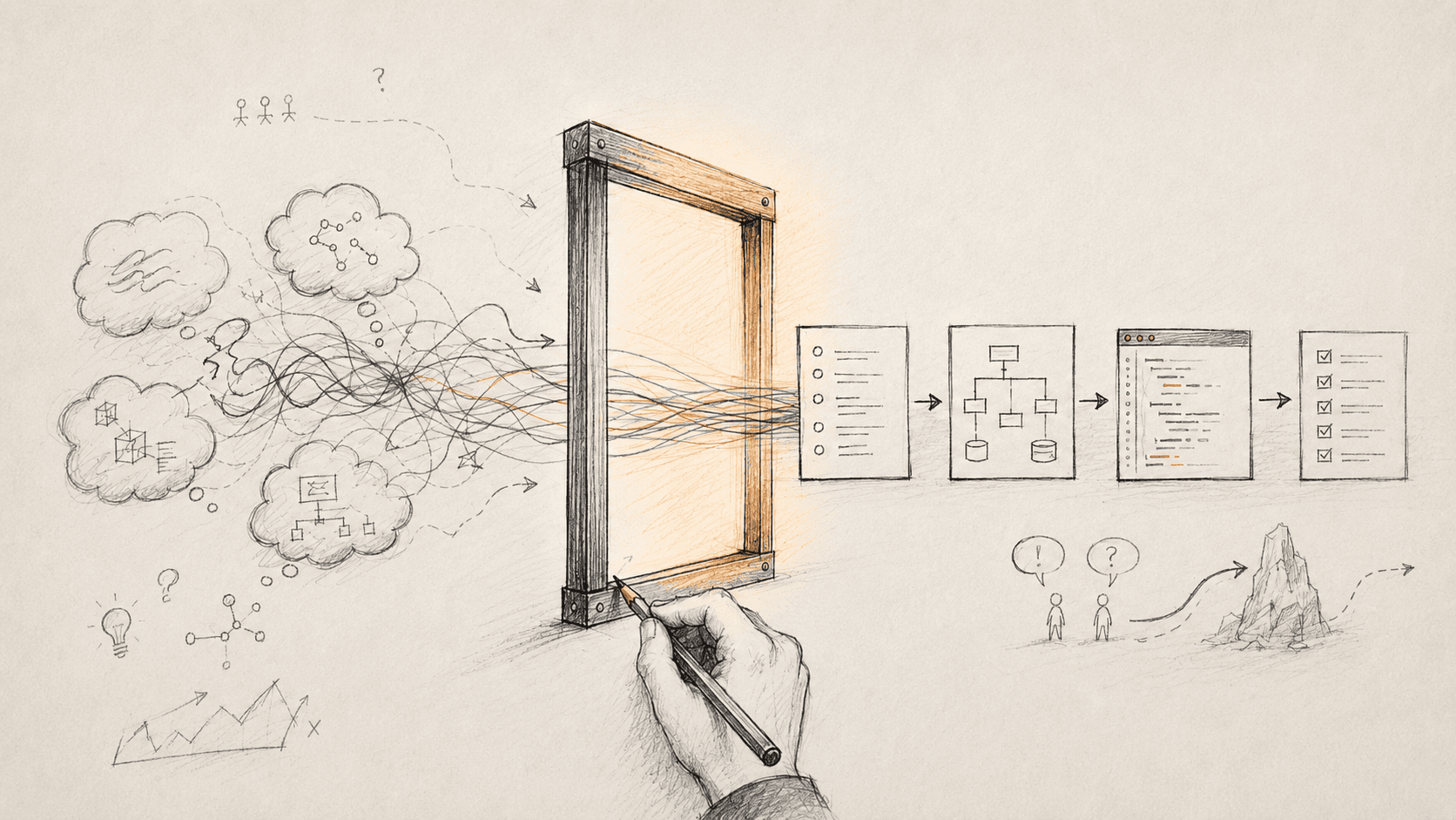 A hand-drawn journal illustration of a hand drawing an orange frame that turns tangled product-work inputs into a clean sequence of requirements, architecture, code, and checks.