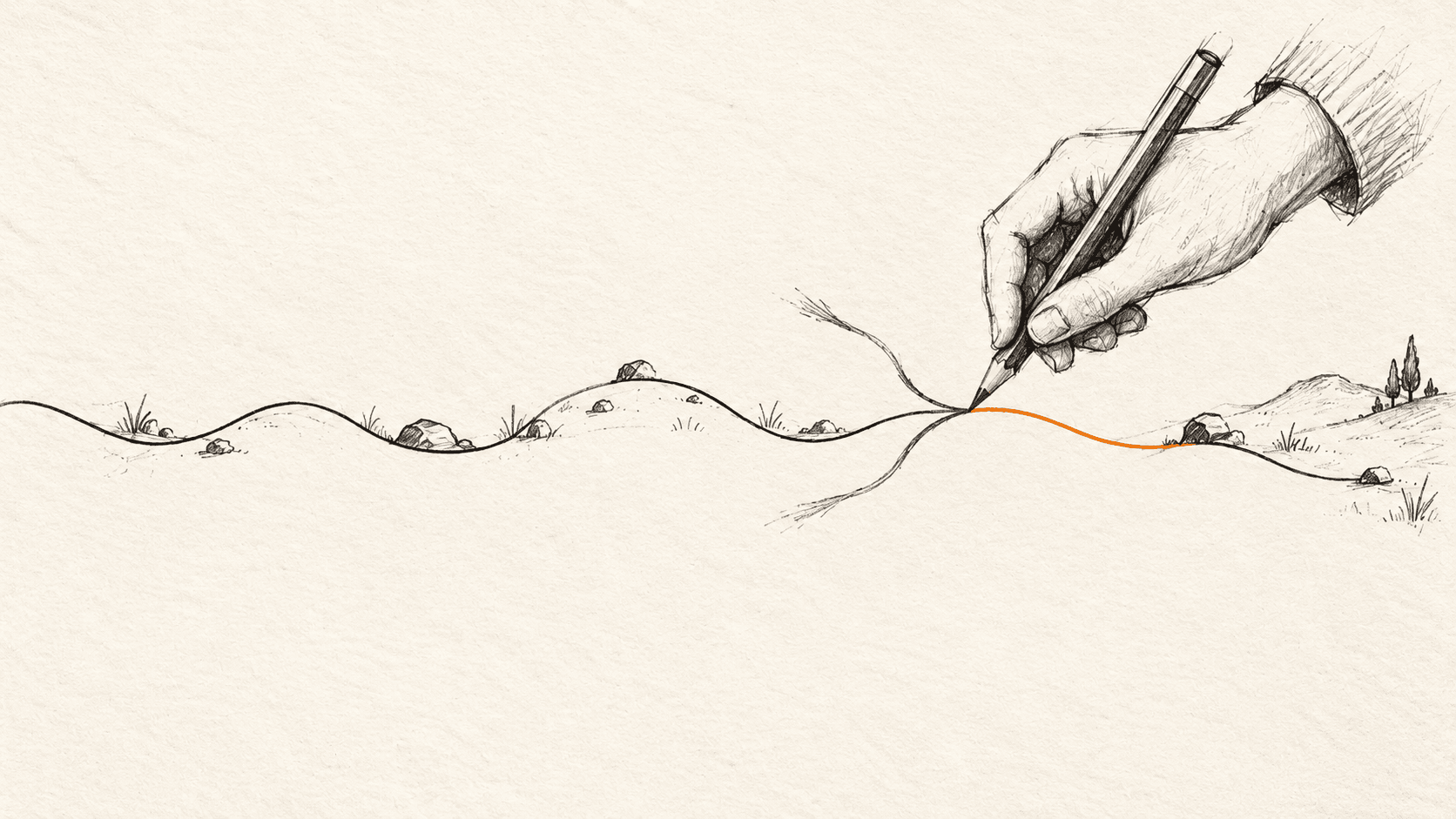 A hand-drawn journal sketch of a continuous line splitting into uncertain branches, with a human hand using a pencil only at the decision point and a short orange line continuing afterward.
