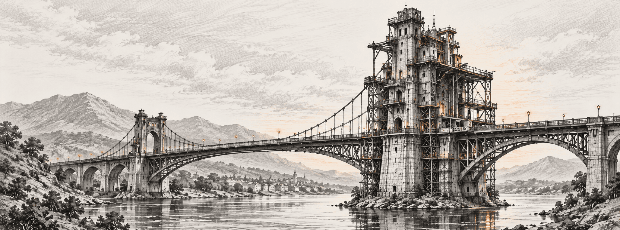 A hand-drawn bridge with a proportionate tower and an oversized tower still accumulating additions and scaffolding while the crossing remains complete.