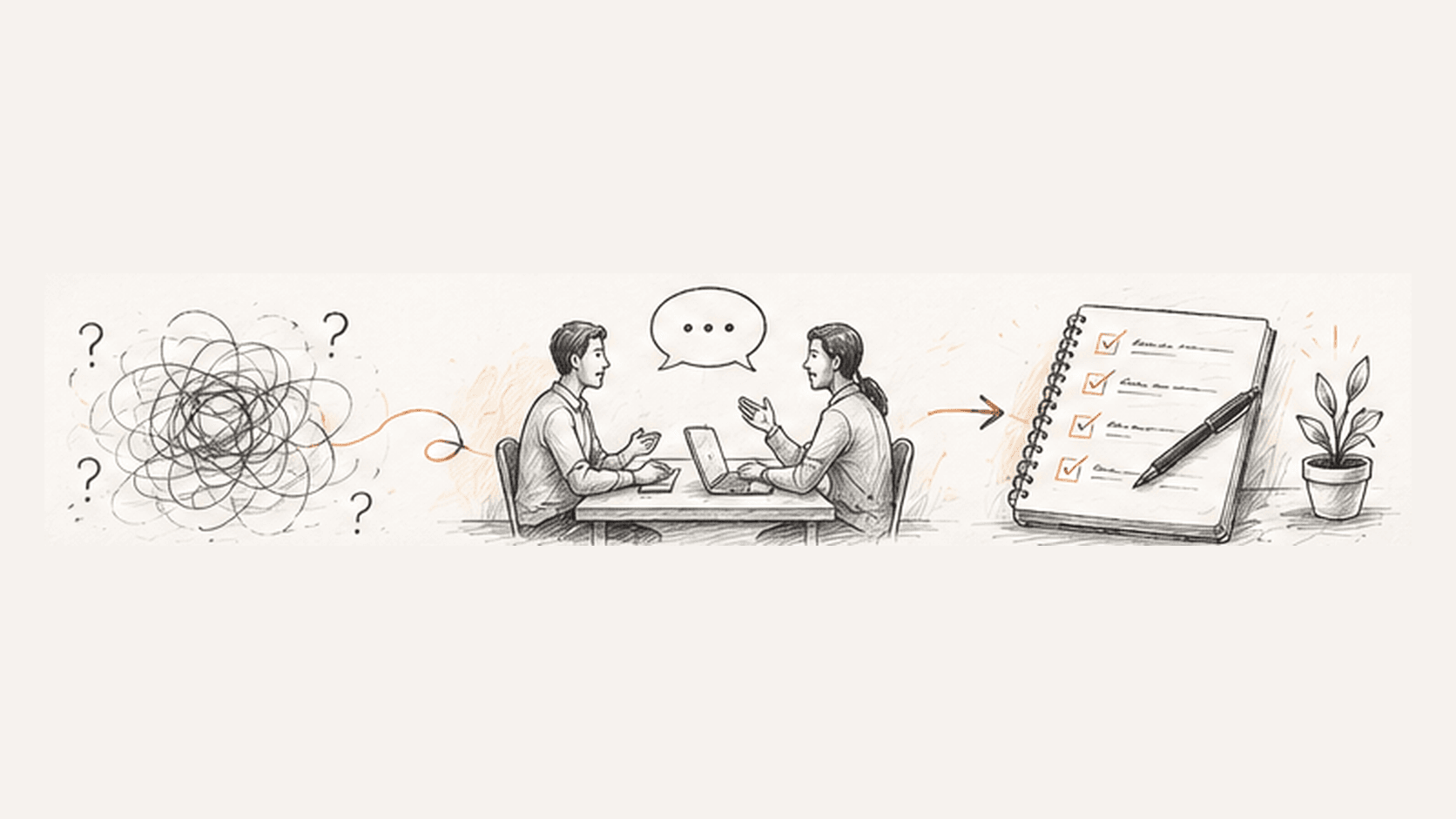 A hand-drawn conversation moving from an unclear problem to a clear next step.