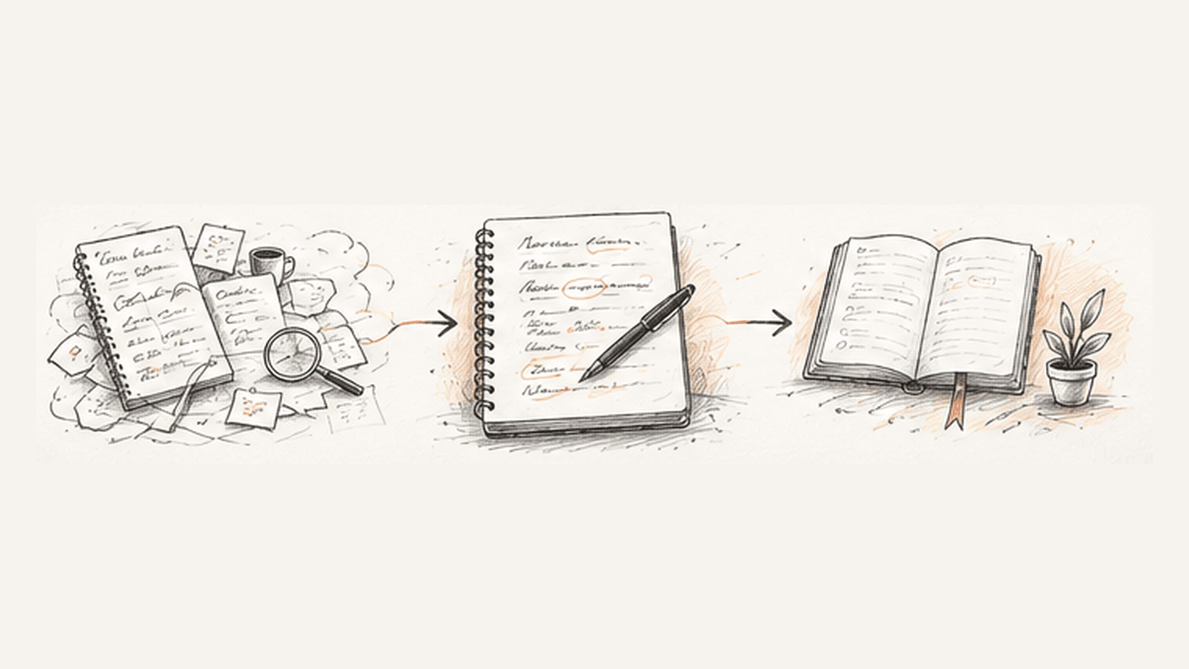 A hand-drawn journal process moving from rough notes through revision to an evolving open notebook.