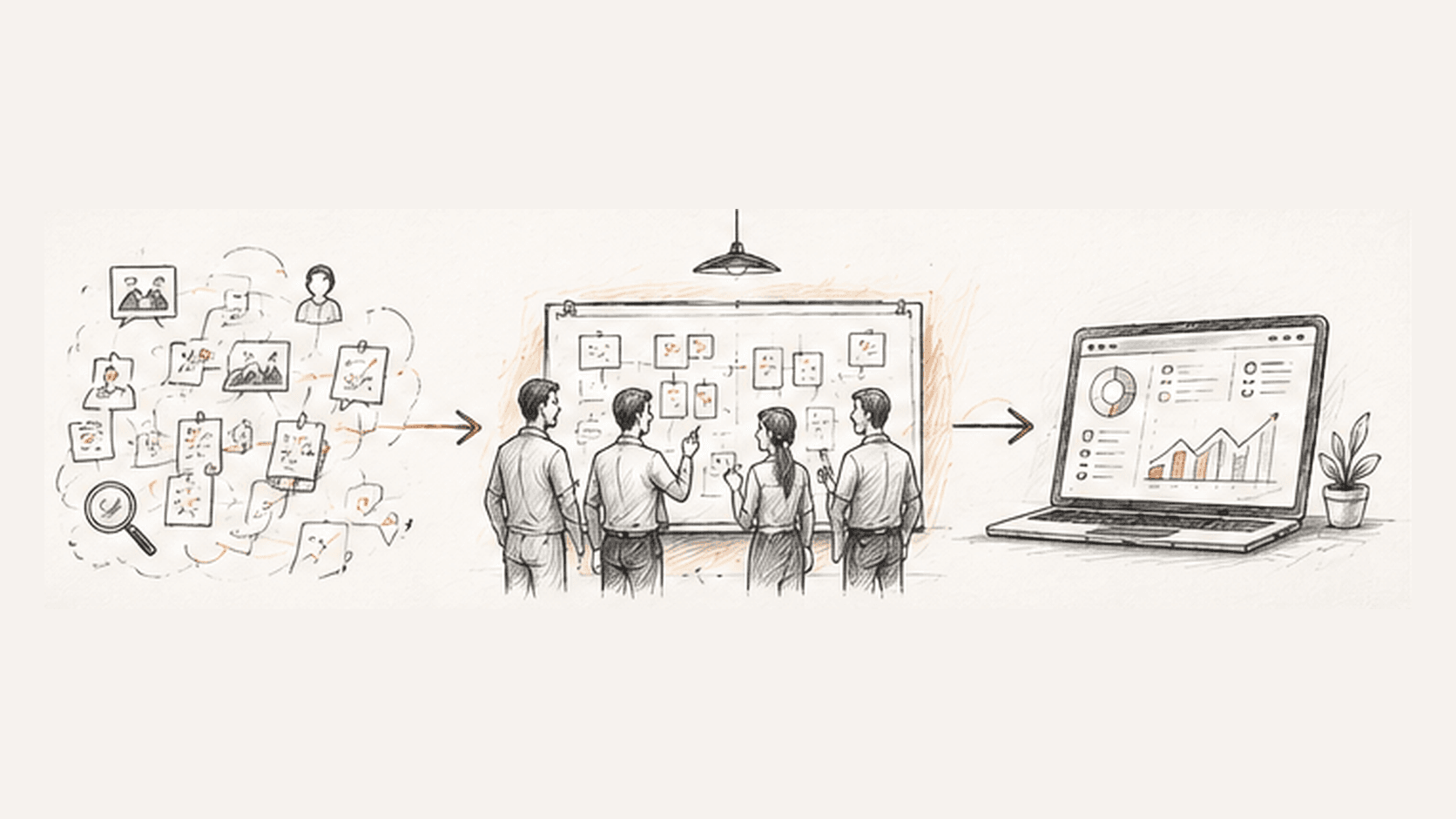 A hand-drawn team turning research and collaborative product work into a measured working outcome.
