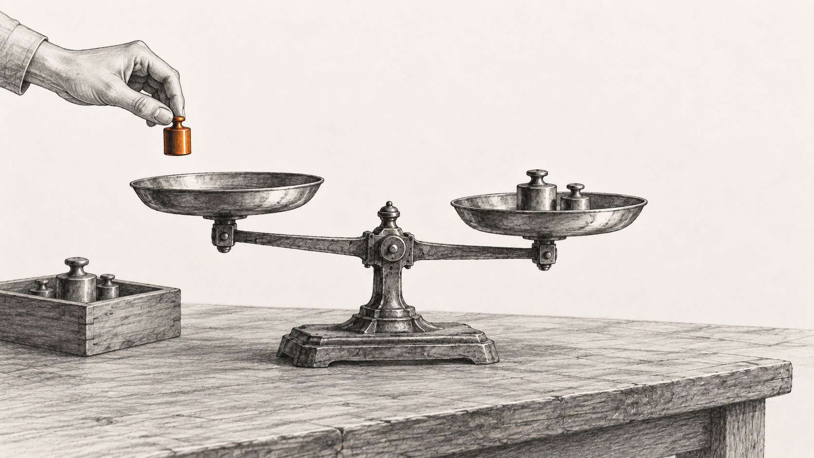 A hand-drawn tabletop balance scale nearly in equilibrium, with a hand holding a small orange weight above one pan and a box of unused monochrome weights beside it.
